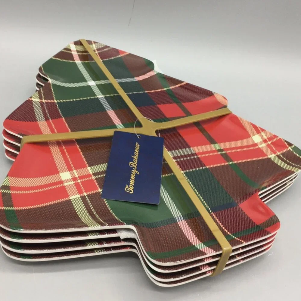x4 TOMMY BAHAMA Christmas Tree Red Tartan Plaid Melamine Plate Set Appetizer 11